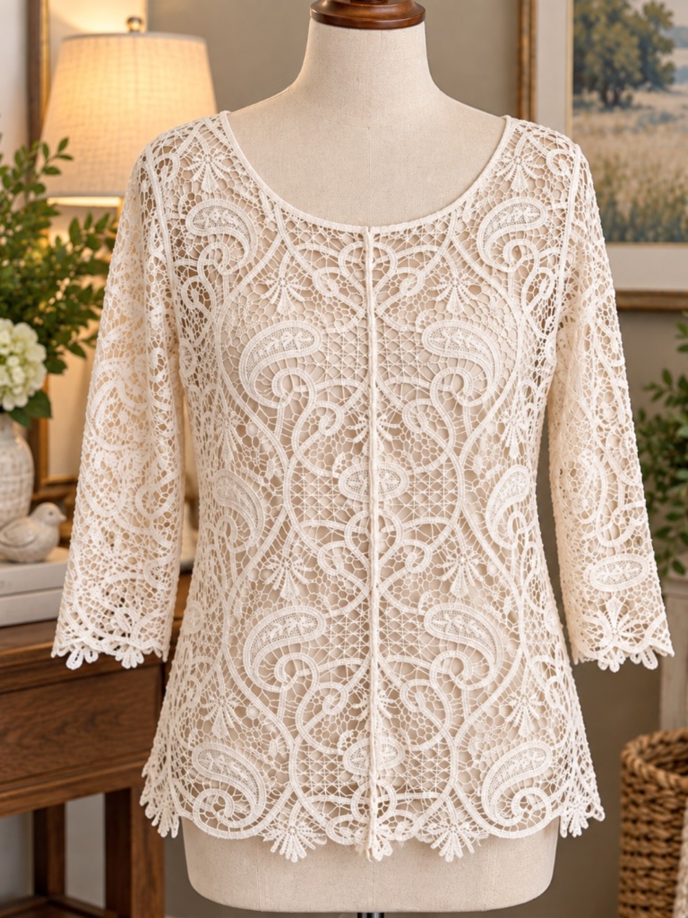 ADIVA 2-Piece Ivory Crochet Lace Top & Camisole Size M 3/4 Sleeve Scalloped Hem